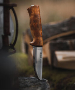 Helle Eggen Fixed Blade - Curly Birch Wood (4" 12C27 Polished) Blk Leather Sheath
