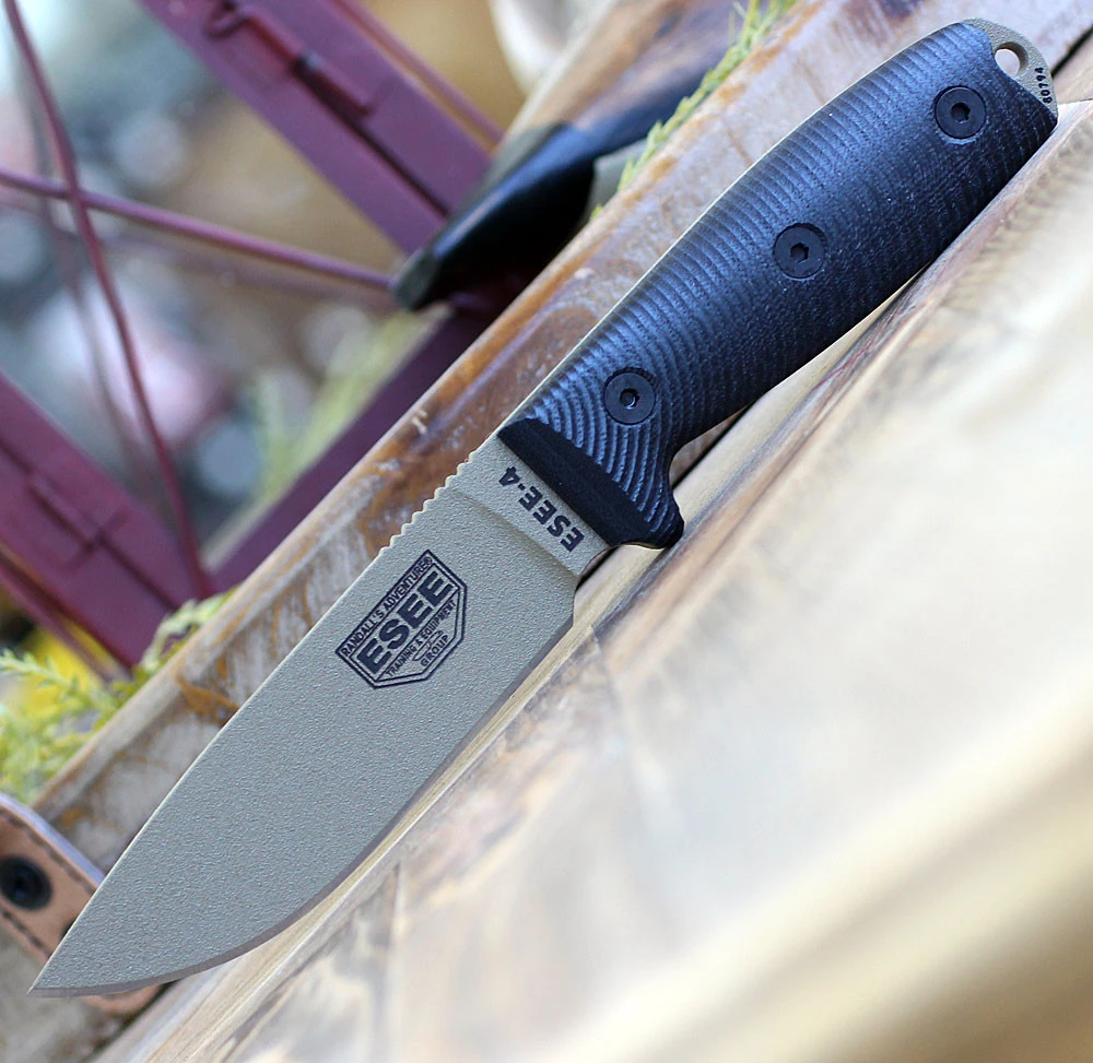 ESEE-4 3D Handle - 4.50" 1095 Dark Earth Plain Edge Drop Point Blade, Black 3D G-10 Handle - ESEE-4PDE-001