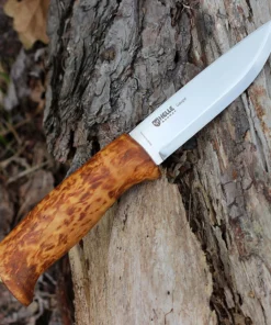 Helle Gaupe Fixed Blade Knife, 4.21 in. Blade, Triple Laminated Stainless, Curly Birch Handle, Black Leather Sheath