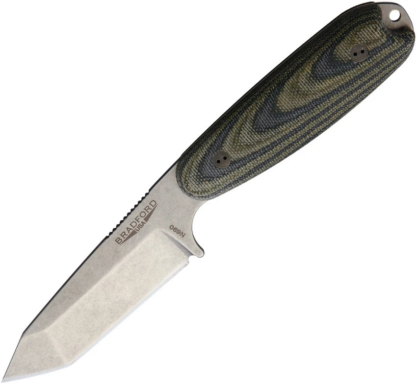 Bradford Guardian 3.5 Tanto Stonewashed N690 Blade, Camo Canvas Micarta Handle w/Brown Leather Sheath