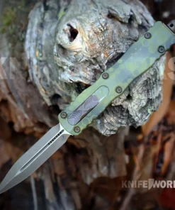 Microtech Dirac OTF - 2.92" Böhler M390MK Bronzed Apocalyptic Double-Edge Dagger Blade, Bazooka Hex Camo Aluminum Handle - 225-13APBOHXCS