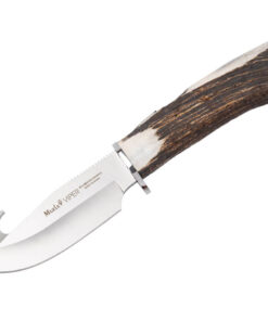 Muela Viper-11S Hunting Knife - 4.33" MoVa Satin Gut Hook Plain Blade Crown Red Deer Stag Handle 02MU228