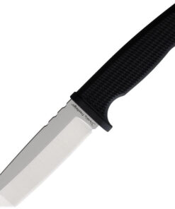Demko Fixed Blade - 5" AUS-10A Satin Plain Edge Tanto Blade, Black Checkered Rubber Handle, Molded Plastic Sheath - DEM09620