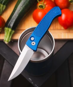Pro-Tech Brend Classic Blue - Walter Brend Design - 3.35" MagnaCut Stonewash Plain Edge Drop Point Blade, Blue Diamond Textured Aluminum Handle - WB1105-BLUE