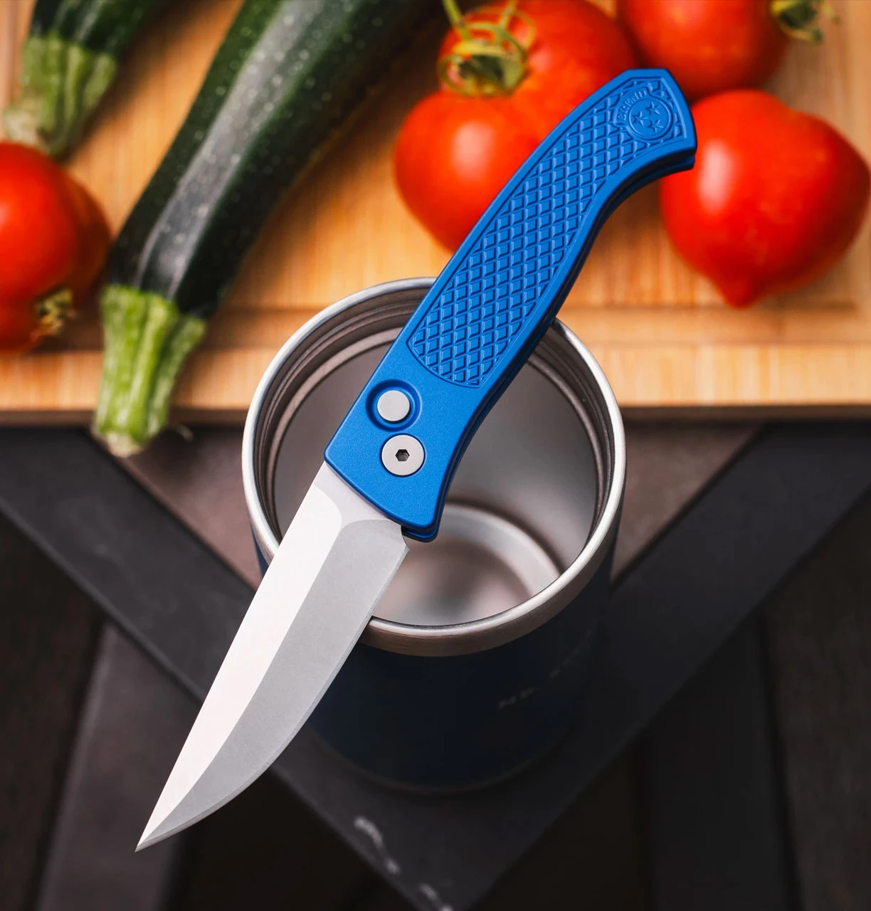 Pro-Tech Brend Classic Blue - Walter Brend Design - 3.35" MagnaCut Stonewash Plain Edge Drop Point Blade, Blue Diamond Textured Aluminum Handle - WB1105-BLUE