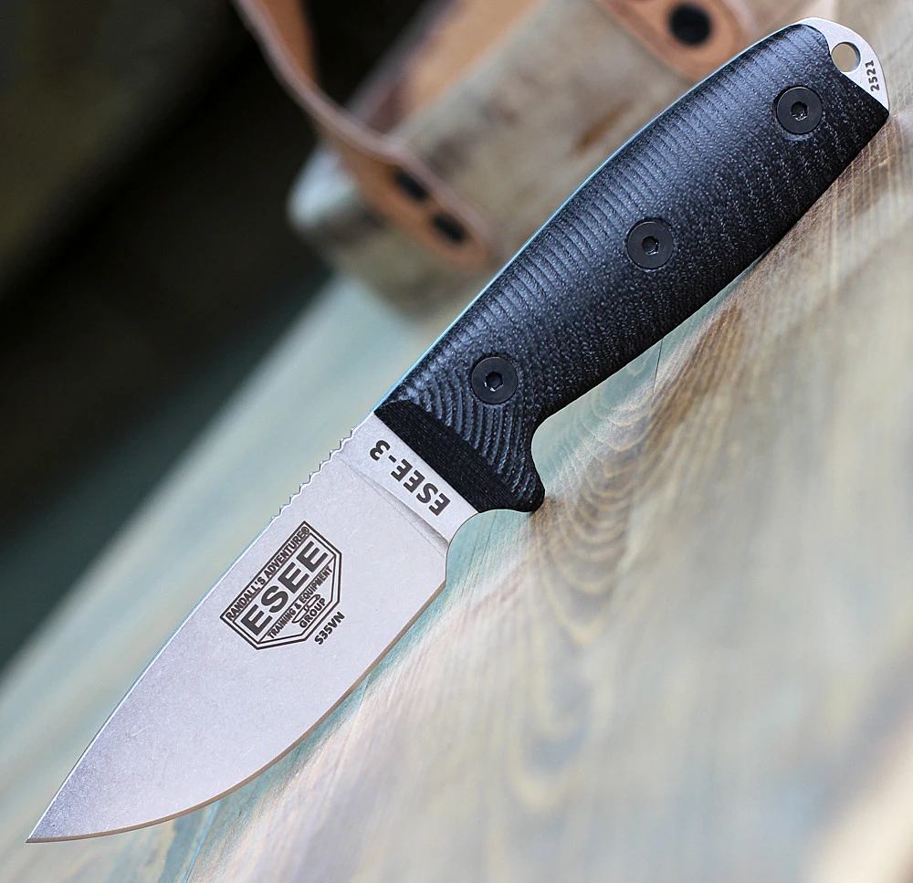 ESEE-3 3D Handle - 3.88" CPM-S35VN Stonewash Plain Edge Drop Point Blade, Black G-10 3D Handle - 3PMS35V-001